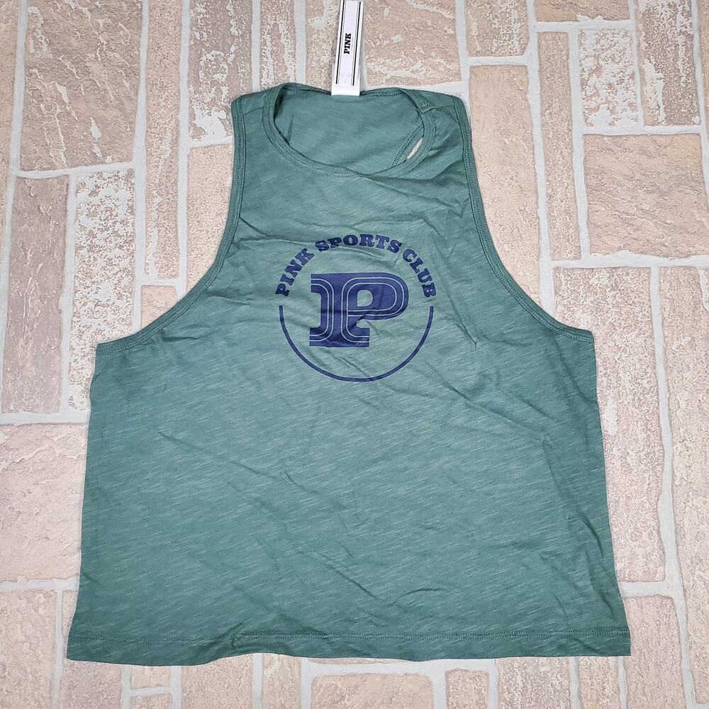 Victoria's Secret PINK Sports Club‎ Graphic Tank Top Green Crop Racerback Medium